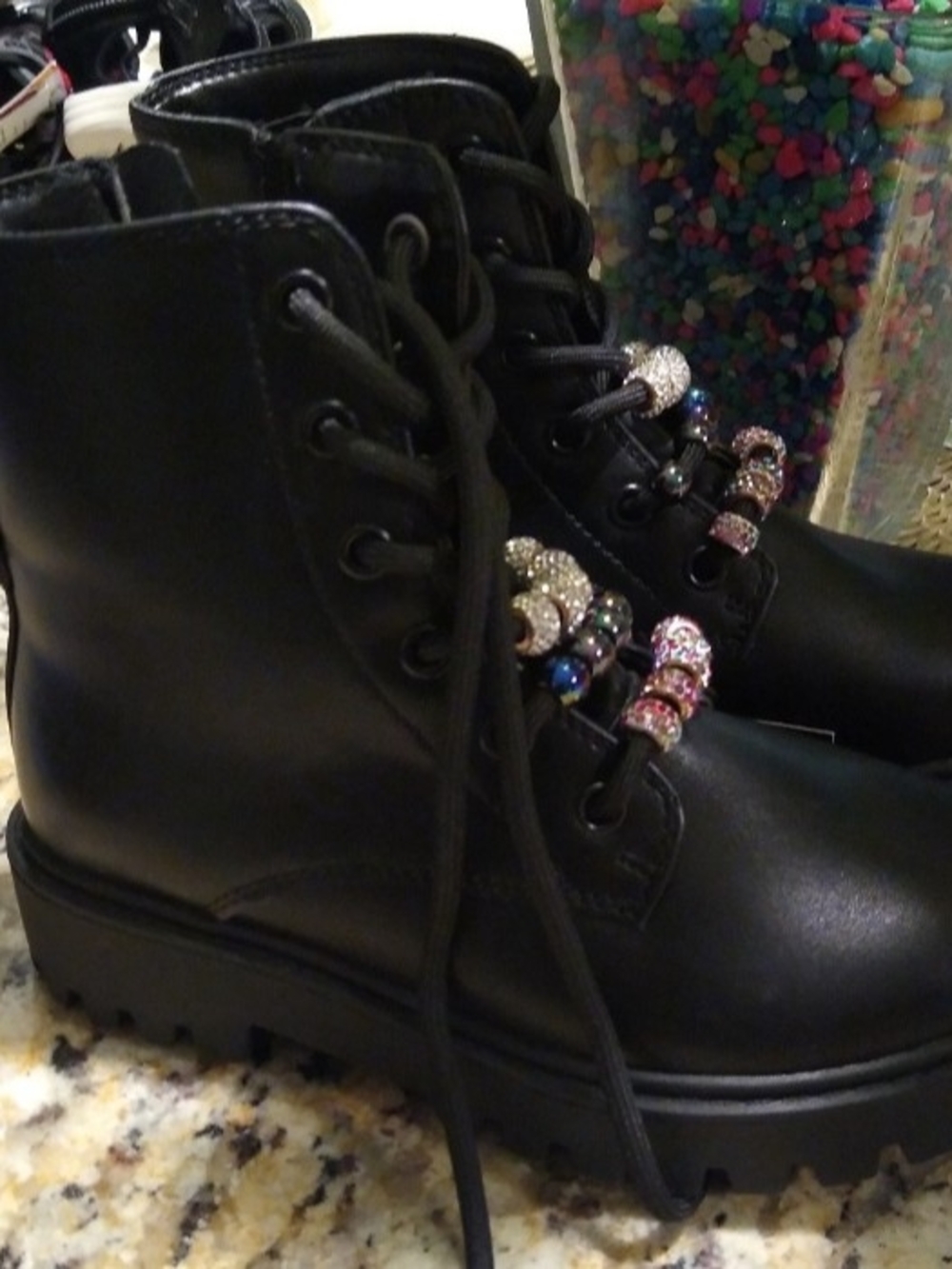 New art class Black Girls' Lace-Up Combat Boots with Sparkle Bead Accents Size 1